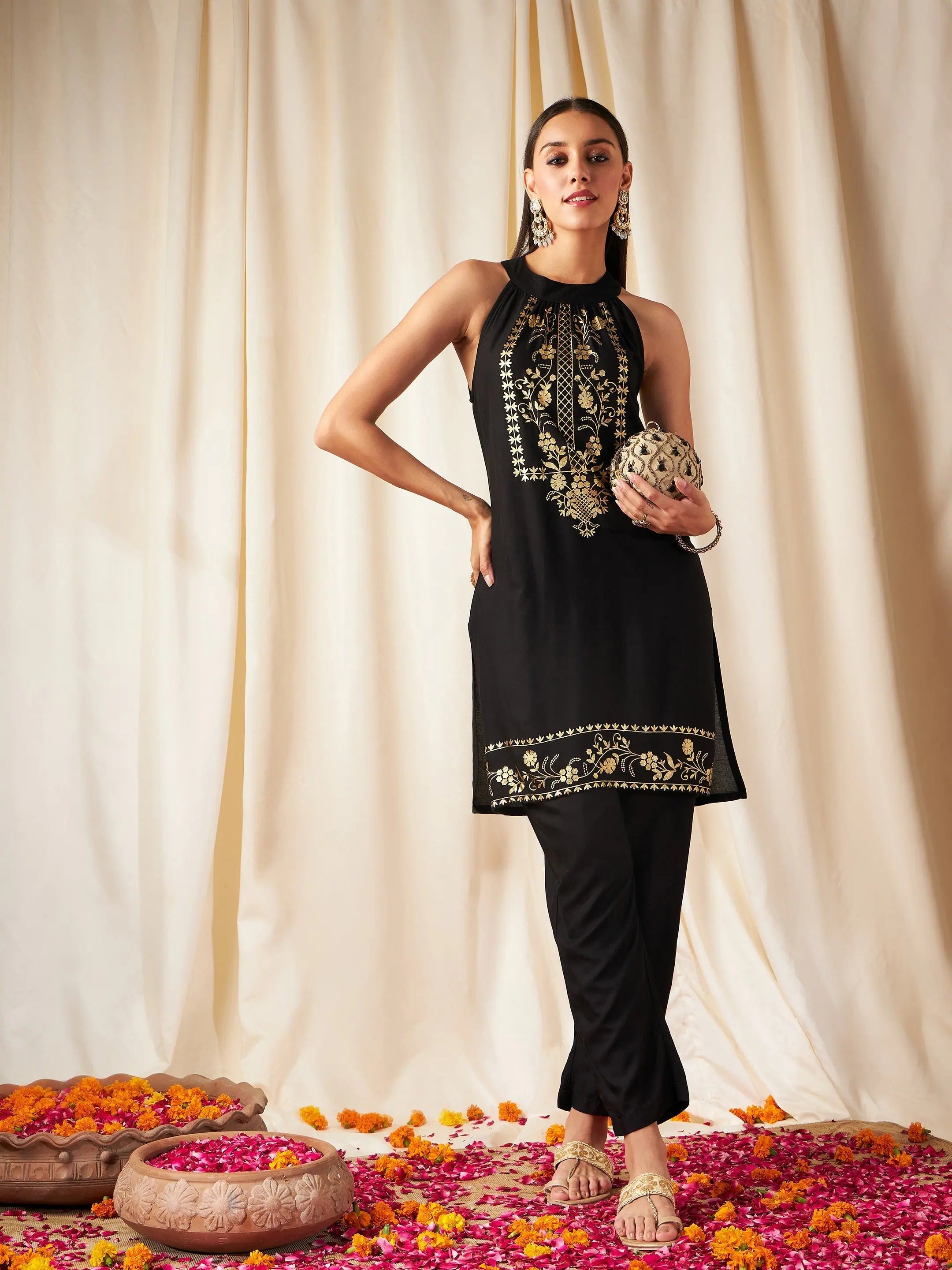 Women Black Foil Print Halter Neck Kurta With Pants Classic Straight Pants