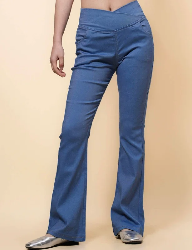 Ladies Stretch Faux Denim Flare Pants SKP41203 Comfortable Cargo Pants