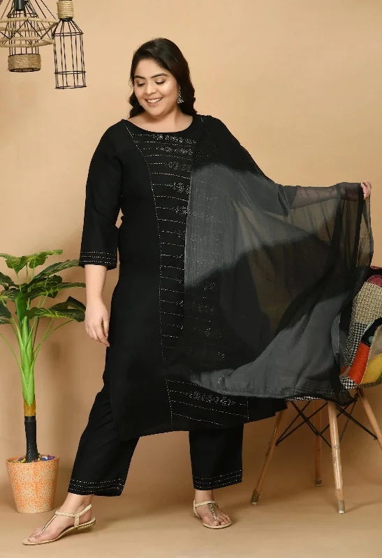 Plus Size Embellished Kurta Pant Set With Dupatta-DN233BLACKXXL Stylish Slim Trousers