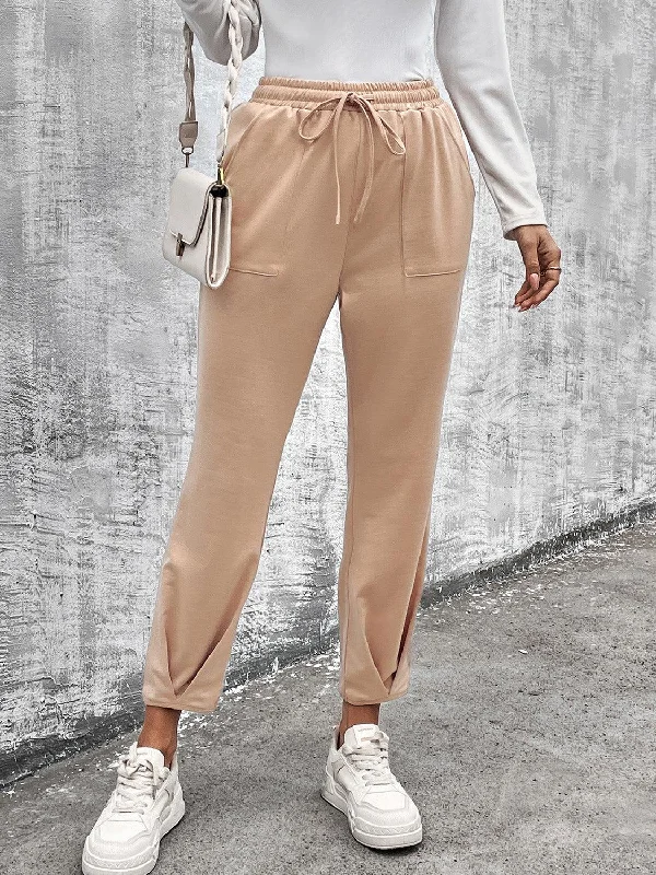 Drawstring Straight Pants with Pockets High-Waist Jogger Pants