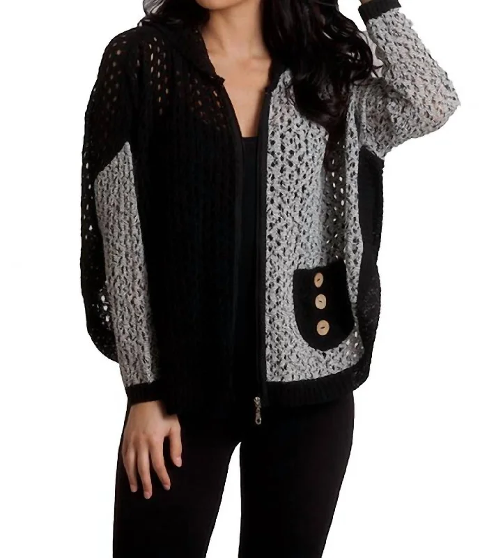 Crochet Button Hoodie Poncho In Black/white Hoodie with Distressed Vintage Worn