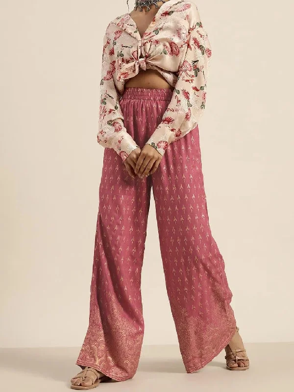 Pink Foil Print Palazzo Pants Lightweight Jogger Pants