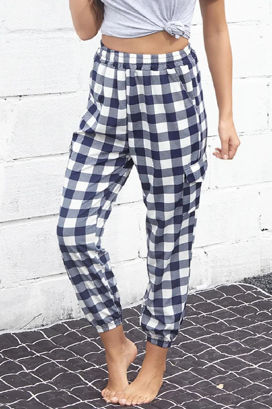 Plaid Elastic High Waist Cargo Pants Comfortable Pleated Pants