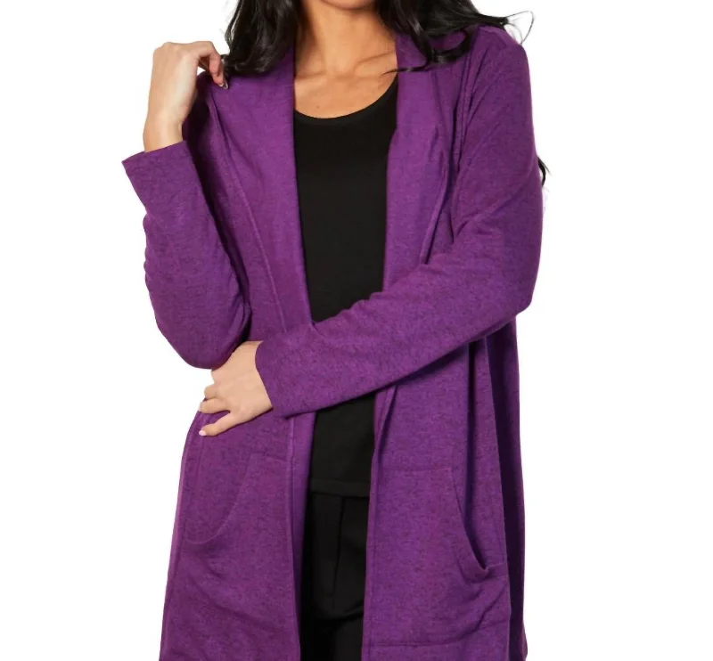 Open Hoodie Duster In Violet Hoodie with Cuffed Sleeves Snug Secure