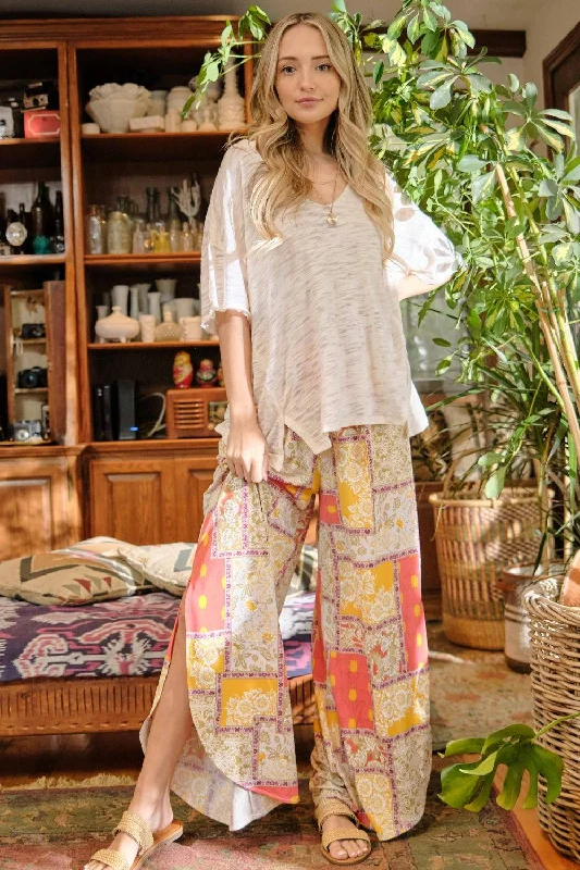 And The Why Printed Smocking Waist Side Slit Wide Leg Pants Comfortable Denim Leggings