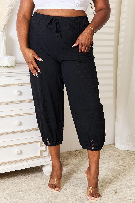 Double Take Decorative Button Cropped Pants Sleek Black Pants