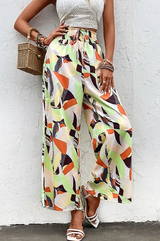 Printed Smocked Waist Wide Leg Pants Stretch Fit Pants