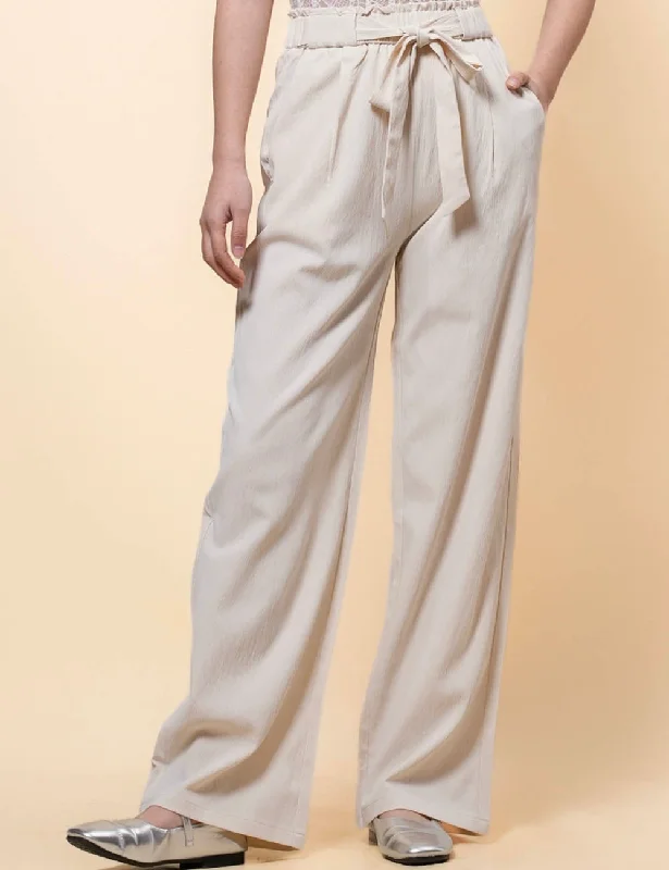 Ladies Elastic Waist Strape Tie Wide Leg Pants SKP41201 Soft Wool Pants