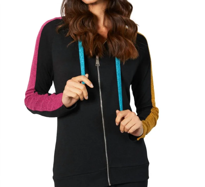 Zip Up Hoodie Cardigan In Black/combo (A/s) Hoodie with Stripes Bold Sporty