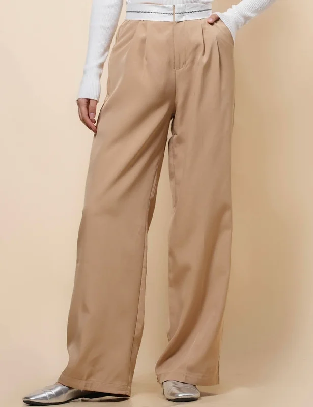 Ladies Color Block Wide Leg Everyday Pants SKP41090 Relaxed High-Waist Trousers