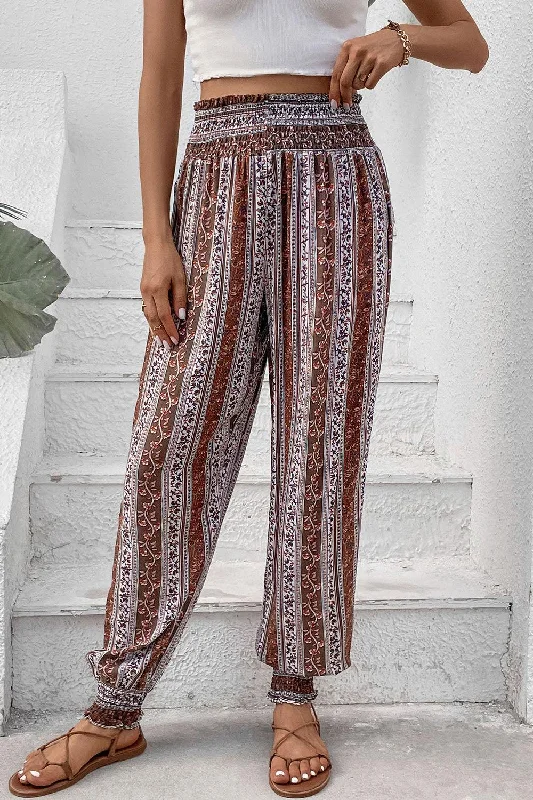 Smocked Printed High Waist Pants Relaxed Casual Leggings