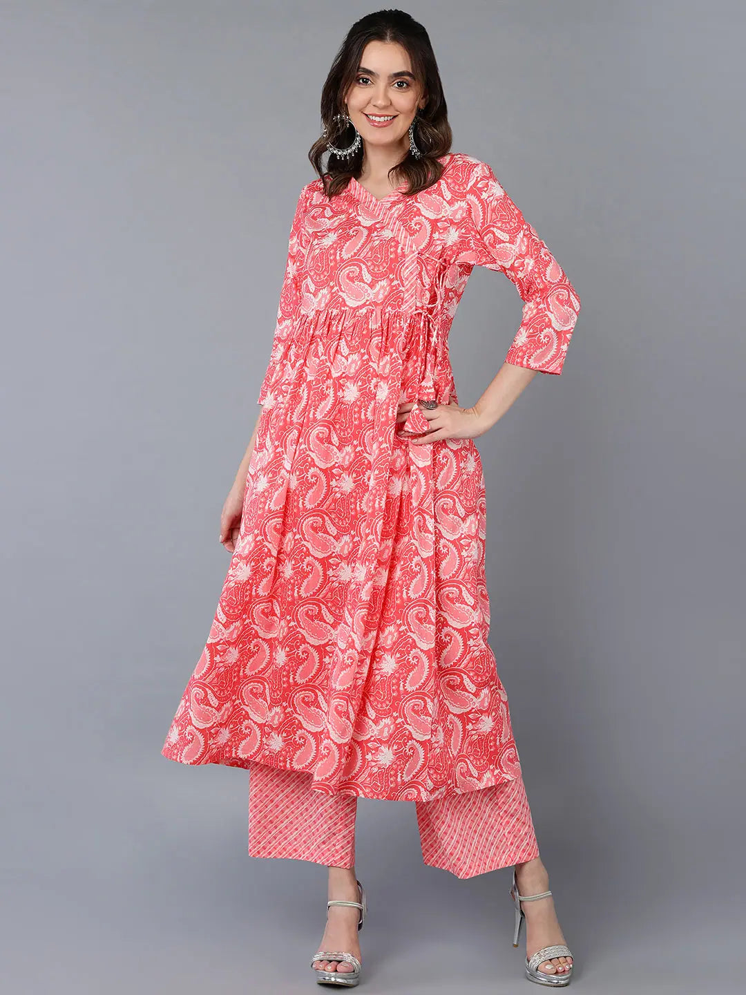 Cotton Pink Paisley Printed Kurta Pant With Slim-Fit Khaki Pants