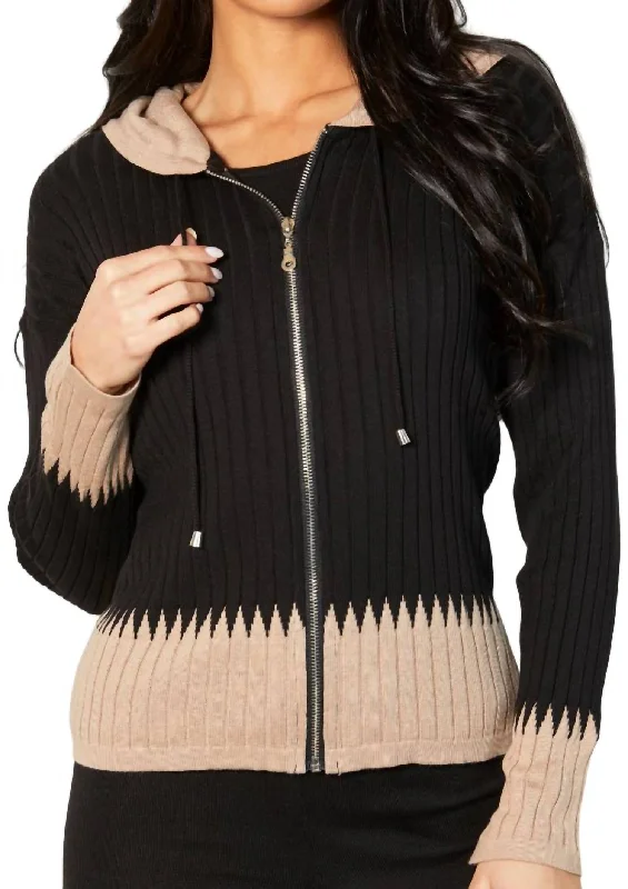 Zip Hoodie Ribbed Cardigan In Black/sand Hoodie with Hem Embroidery Detailed Premium