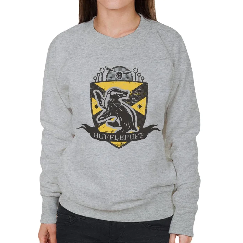 Harry Potter Hufflepuff Quidditch Distressed Shield Women's Sweatshirt Hoodie with Hem Elastic Stretchable Comfortable