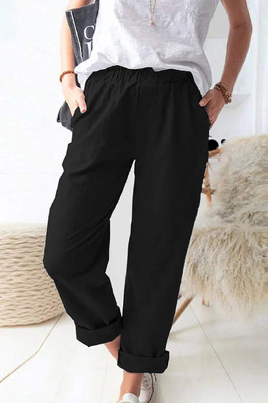 Paperbag Waist Pull-On Pants with Pockets Stylish Slim Trousers