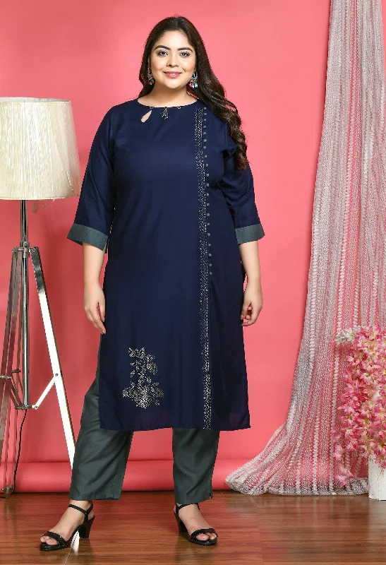 Plus Size Designer Navy Blue Kurta Pant Set Cozy Fitted Pants