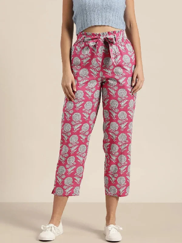 Pink Floral PaperBag Waist Pants Comfortable Maternity Pants