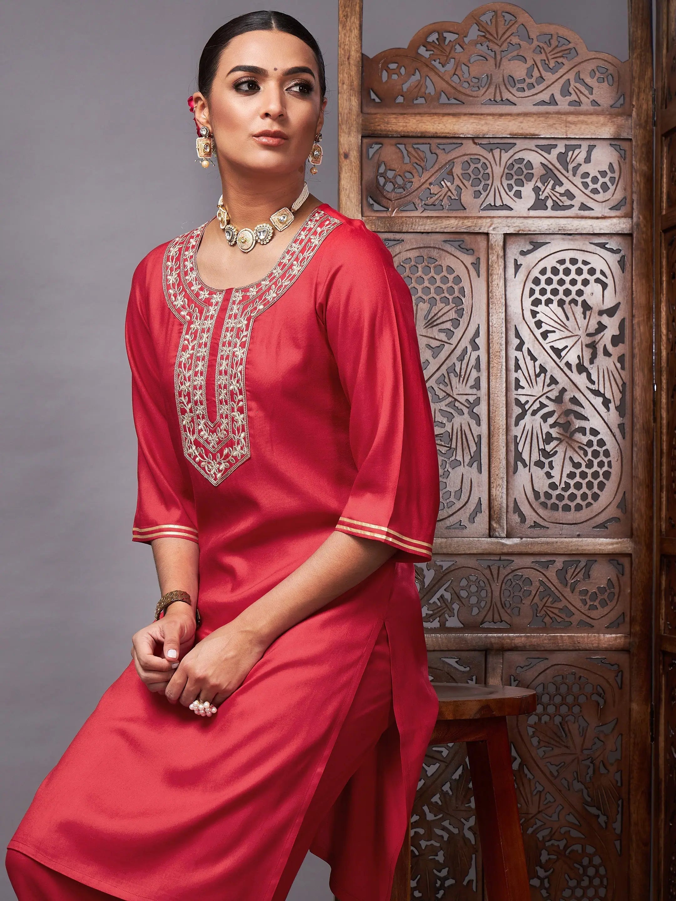 Women Red Gota Embroidered Kurta With Pants Cozy Maternity Pants