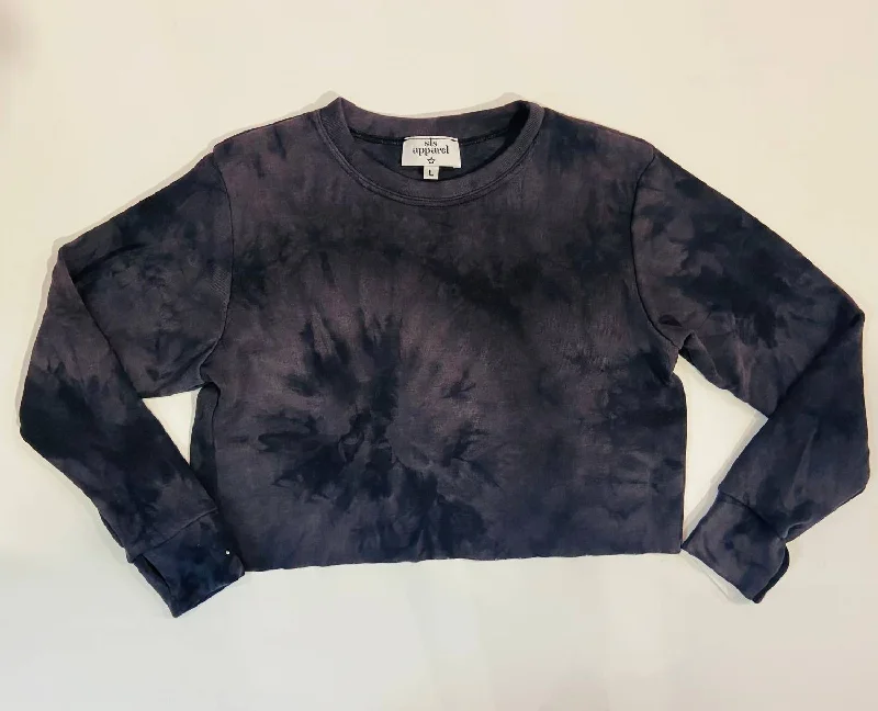 Tie-Dye Crop Sweatshirt In Charcoal Hoodie with Drawstring Waist Adjustable Fitted