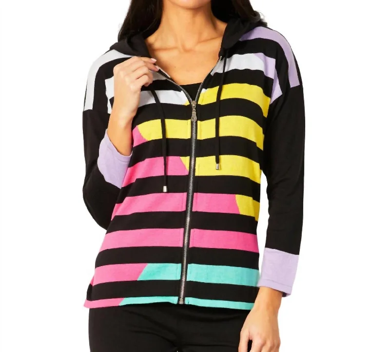 Multi Stripe Zip Up Hoodie In Black Hoodie with Button Classic Timeless