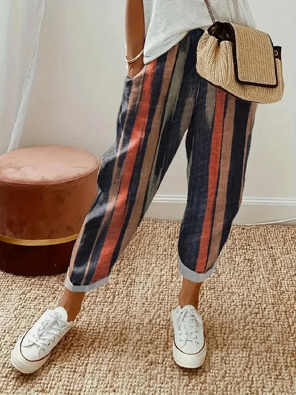 Striped Pocketed Elastic Waist Pants Casual Lounge Pants