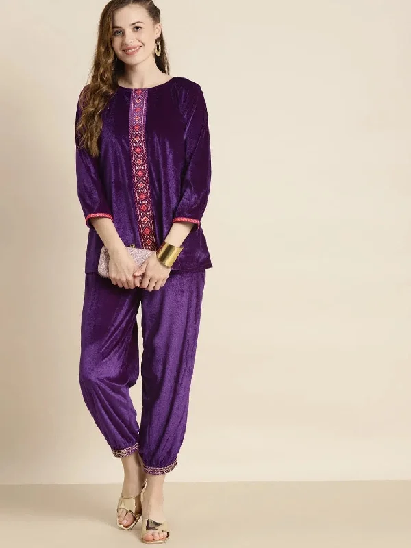 Purple Embroidered Cuff Hem Velvet Pants Trendy Wide-Leg Pants