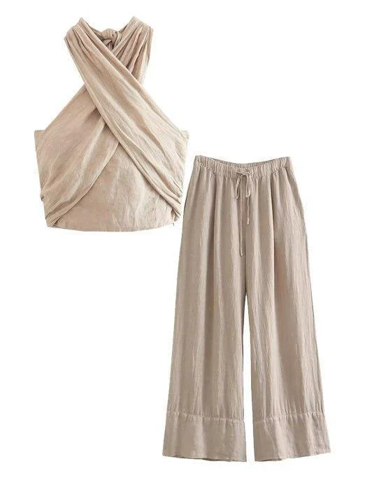 Ladies Criss Cross Tie Halter Top And Pants Set 9711 Classic Pleated Pants