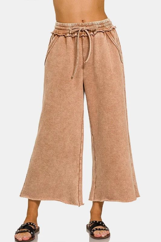 Zenana Acid Wash Fleece Wide Leg Pants Classic Cropped Pants