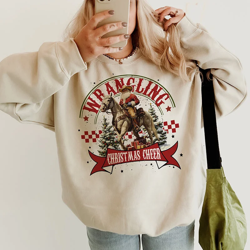 Wrangling Christmas Cheer Crewneck Sweatshirt Hoodie with Hem Detail Decorative Unique