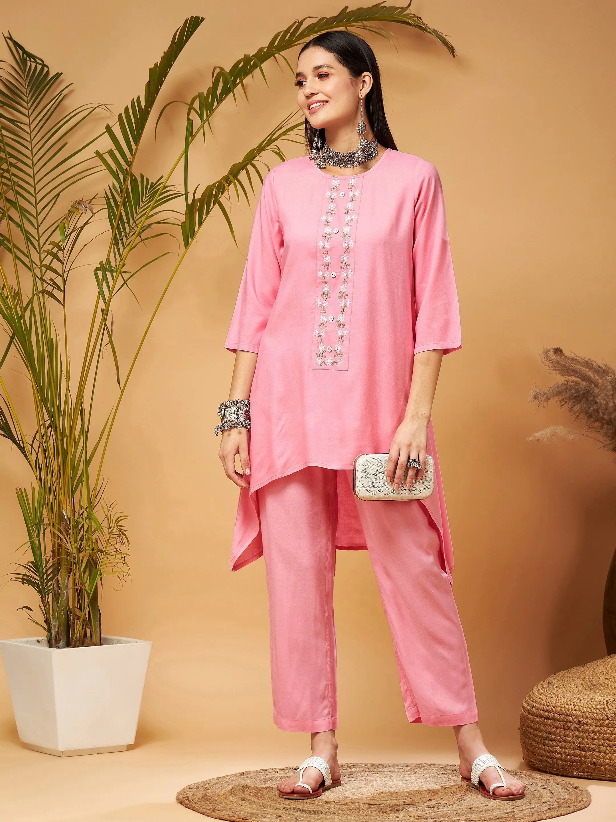 Women Pink Embroidered High Low Kurta With Pants Classic Pleated Pants