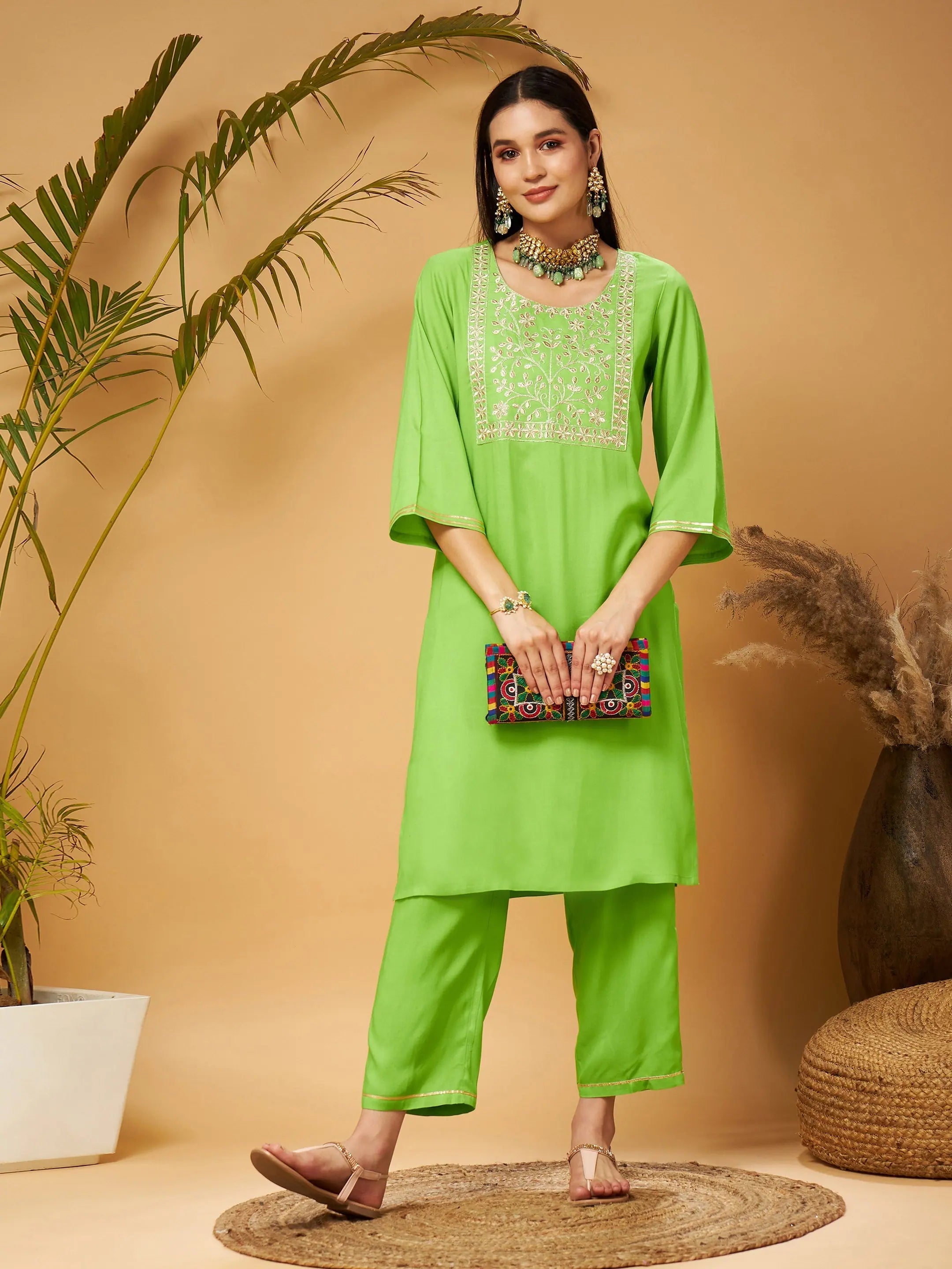 Women Green Gota Embroidered Kurta With Pants Chic Black Leggings