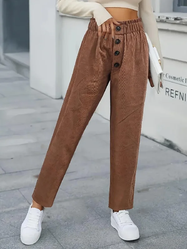 Decorative Button High Waist Pants Comfy Zip-Up Pants