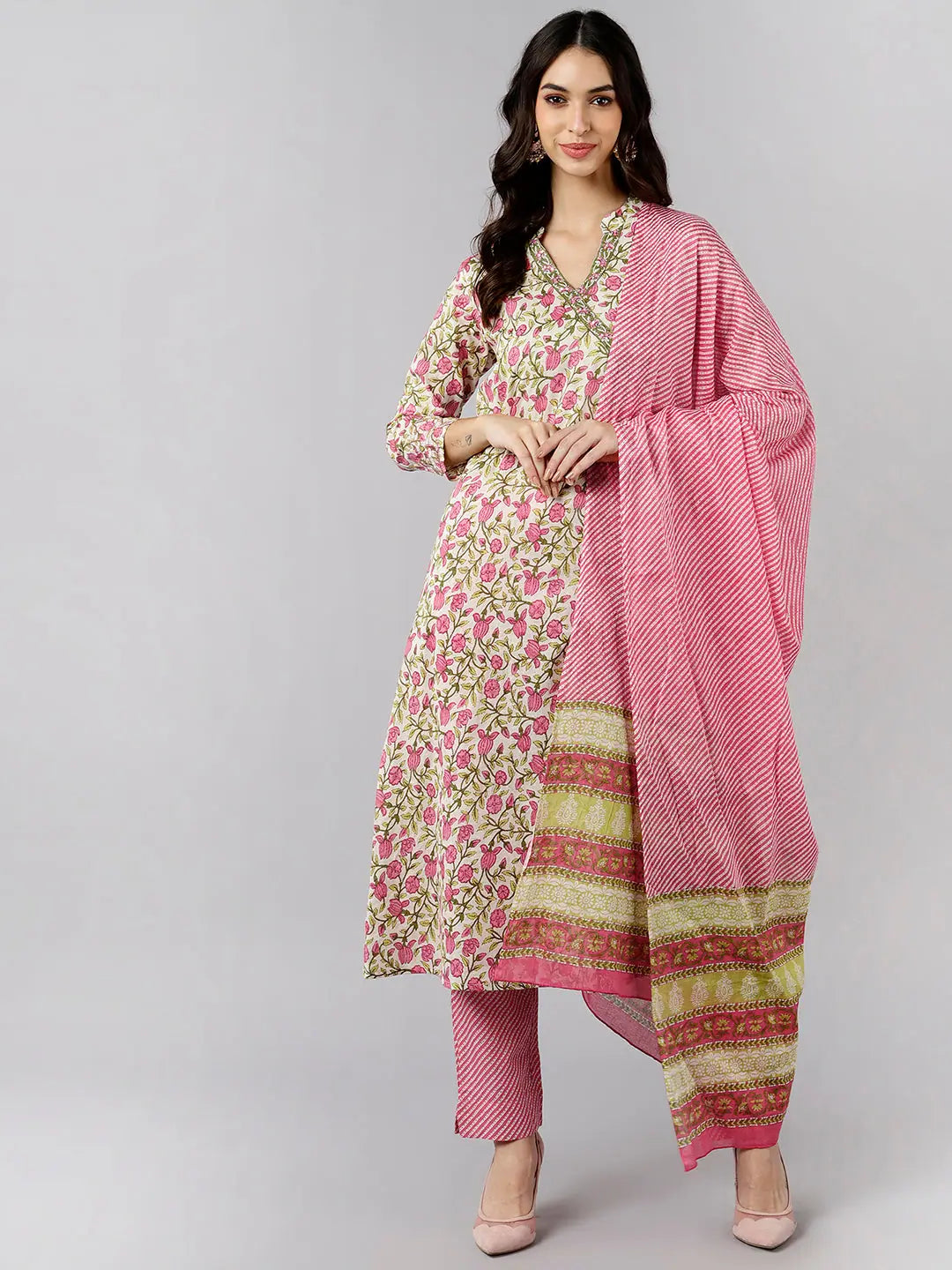 Ahika Cotton Printed Kurta Pant Dupatta Set-VKSKD1135A_XS Soft Cotton Pants