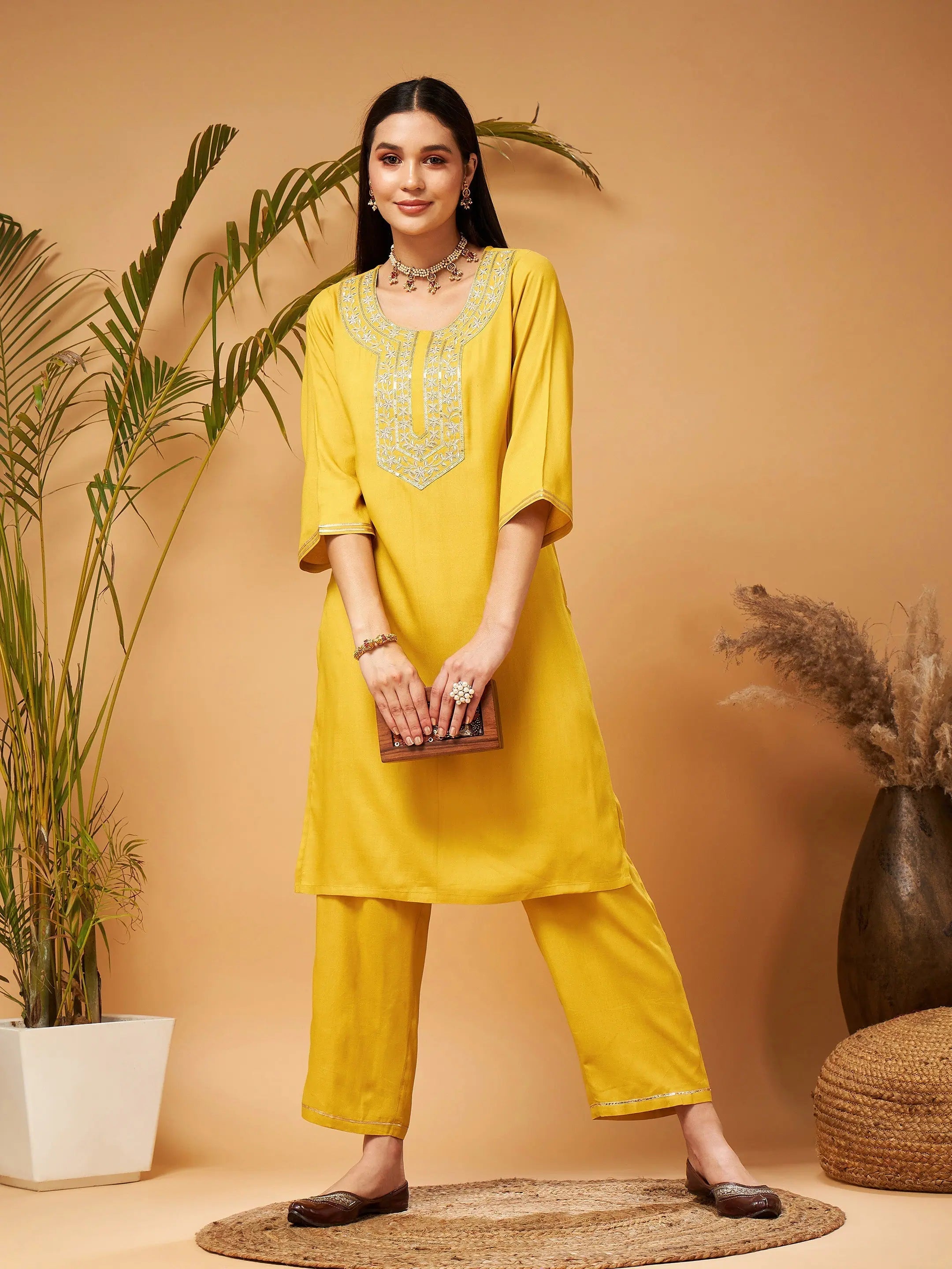 Women Yellow Gota Embroidered Kurta With Pants Comfortable Fleece Pants