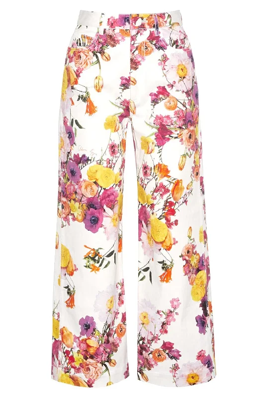 High Waist Cropped Pant - Ivory Floral Casual Yoga Pants