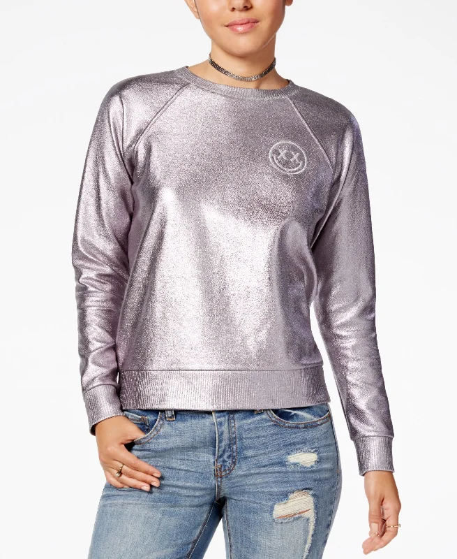 Polly Esther Juniors Metallic Foil Sweatshirt Hoodie with Hem Applique Textured Unique