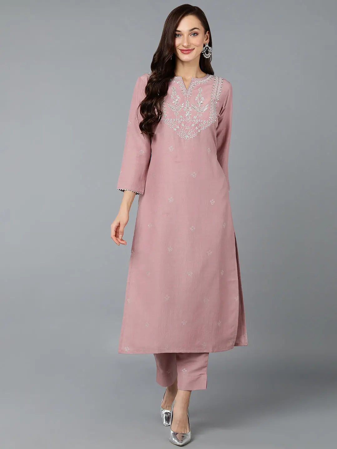 Silk Blend Mauve Straight Kurta With Pant Relaxed Linen Pants