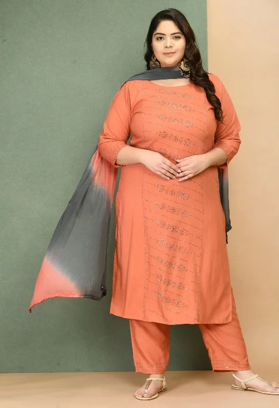 Plus Size Embellished Kurta Pant Set With Dupatta-DN233PINKXXL High-Waist Jogger Pants