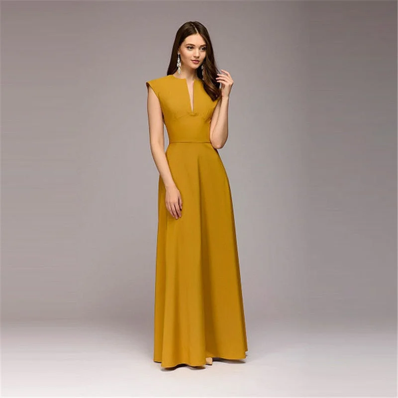 Yellow Dress Women Solid V-neck Casual Dress Women Natural Waist Floor-length Maxi Dress Straight Plus Size S--4XL Comfortable Ruffle Maxi Dress