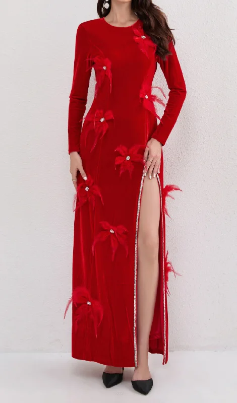 3d feather flower velvet maxi dress in red Classic A-Line Maxi Dress