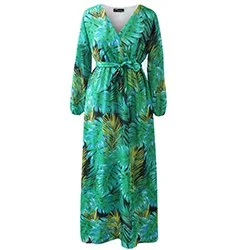 5XL Plus Size Women Long Sleeve Maxi Dress Bohemian Empire V-Neck Sexy Dress Chiffon Party Lantern Sleeve Casual Dress Vestidos Trendy Floral Print Maxi Dress