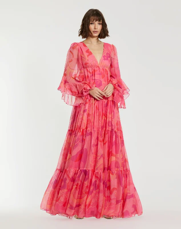 Hibiscus Printed Chiffon Ruffle Long Sleeve V Neck Maxi Dress Comfortable T-Shirt Maxi Dress