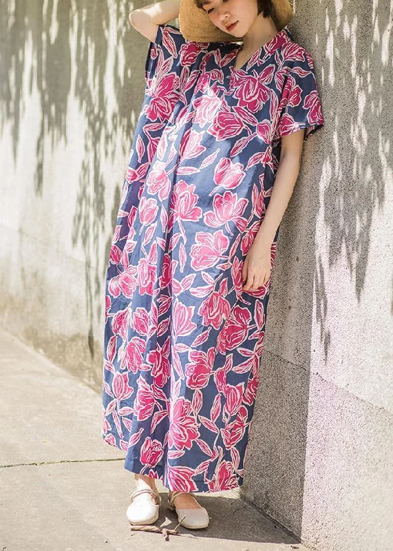 Beautiful Pink Print Summer Cotton Dress Batwing Sleeve Maxi Dress Fashionable Chiffon Maxi Dress