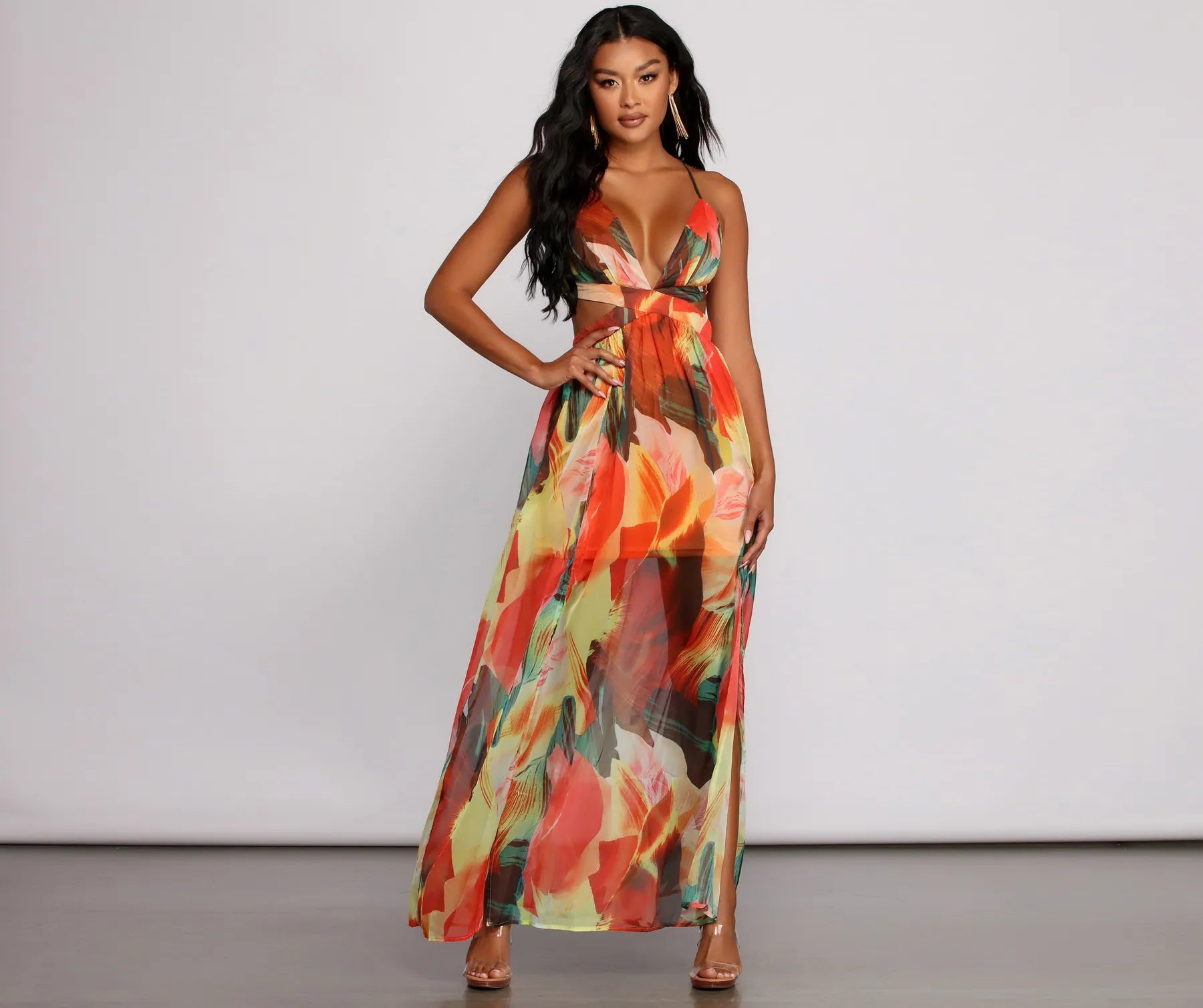 Brighter Vibes Lace-Up Chiffon Maxi Dress Trendy V-Neck Maxi Dress