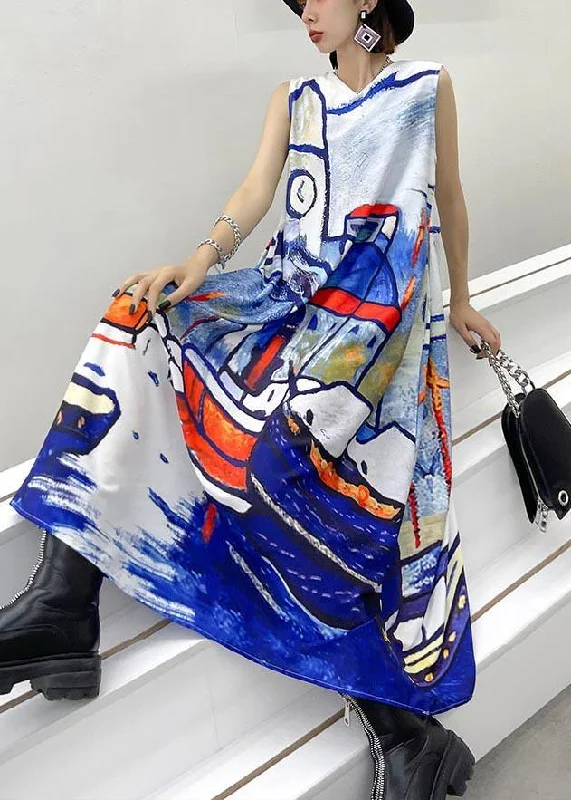 Classy Blue Print Sleeveless Maxi Dresses Summer Chic Boho Print Maxi Dress