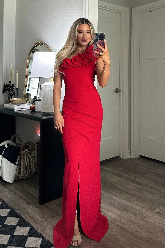 Courtland Ruffle One Shoulder Maxi Dress: Red Elegant Maxi Dress with Lace