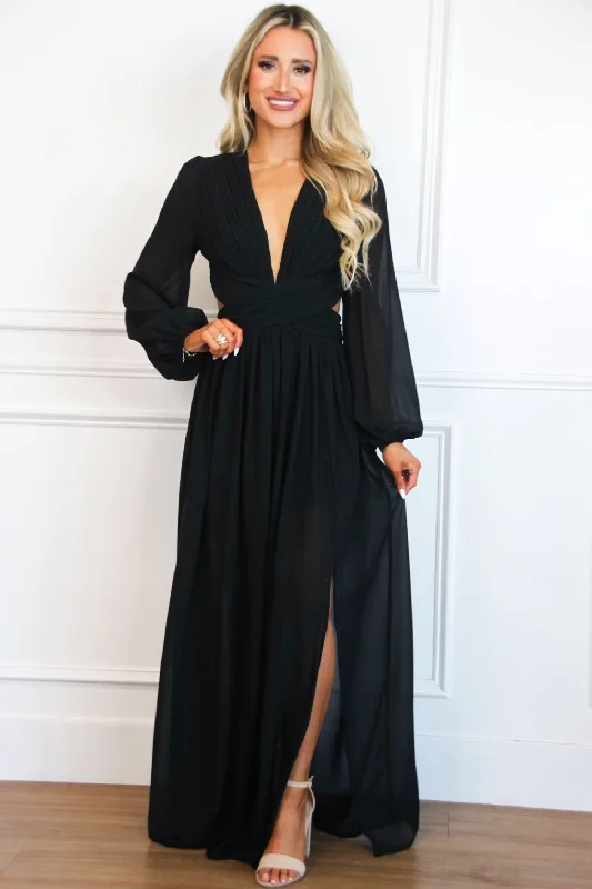 Covina Long Sleeve Cutout Maxi Dress: Black Comfortable Maxi Dress with Slits