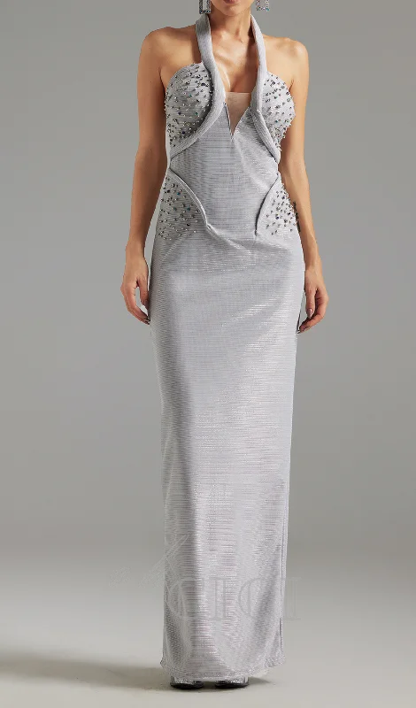 Diamond embellished Halter Maxi Dress in silver Stylish Long Sleeve Maxi Dress