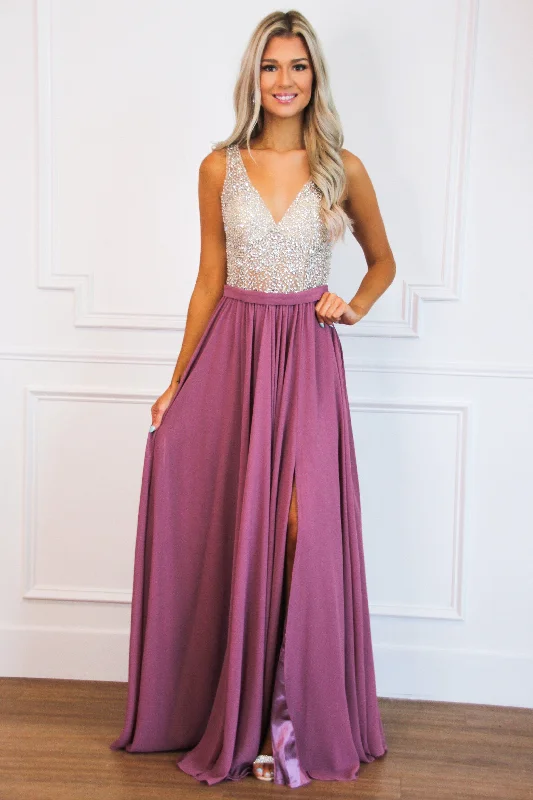 Elegant Affair Beaded Maxi Dress: Dusty Rose Elegant Maxi Dress with Slit