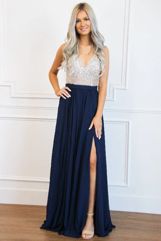 Elegant Affair Beaded Maxi Dress: Navy Fashionable Maxi Dress with Fringe